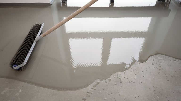 Worker using spiked roller to level and smooth concrete surface