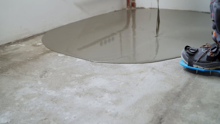 Worker pouring self-leveling concrete mix on floor
