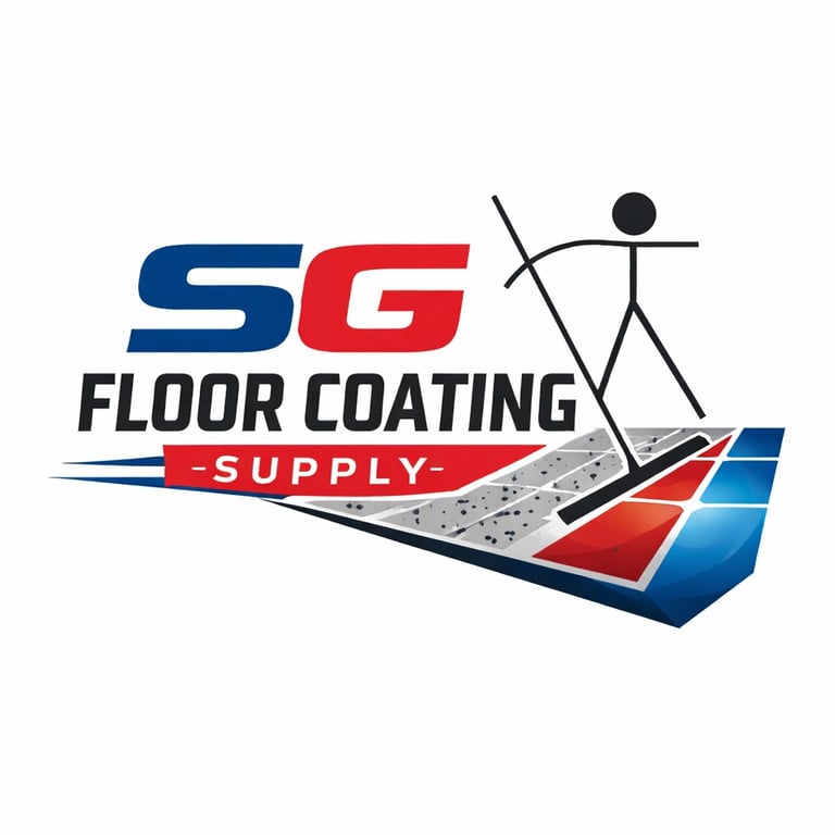 SG Floor Coating Supply logo featuring stick figure and layered flooring samples in red and blue